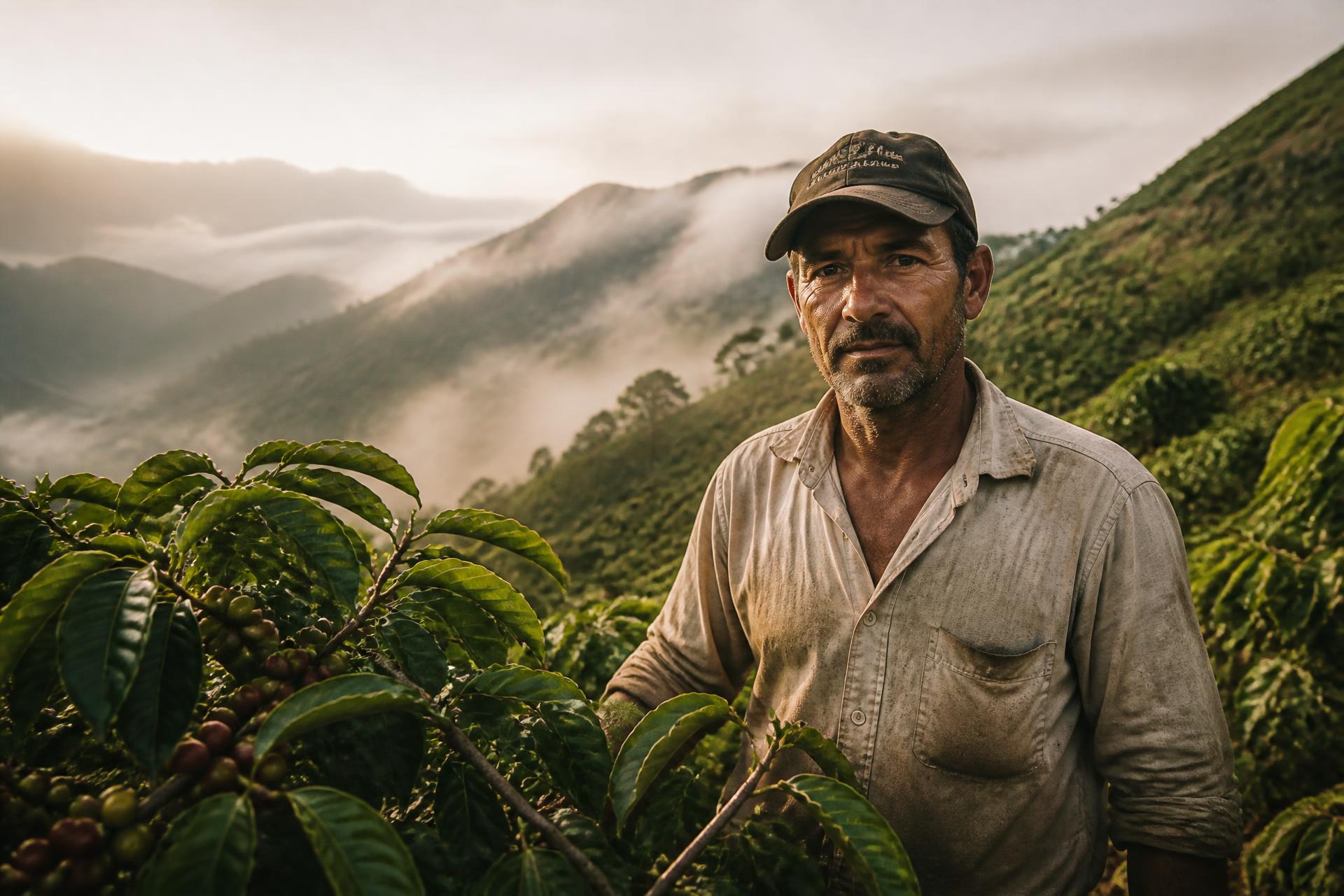 Produtor de café em uma lavoura nas montanhas das Matas de Minas ao amanhecer
