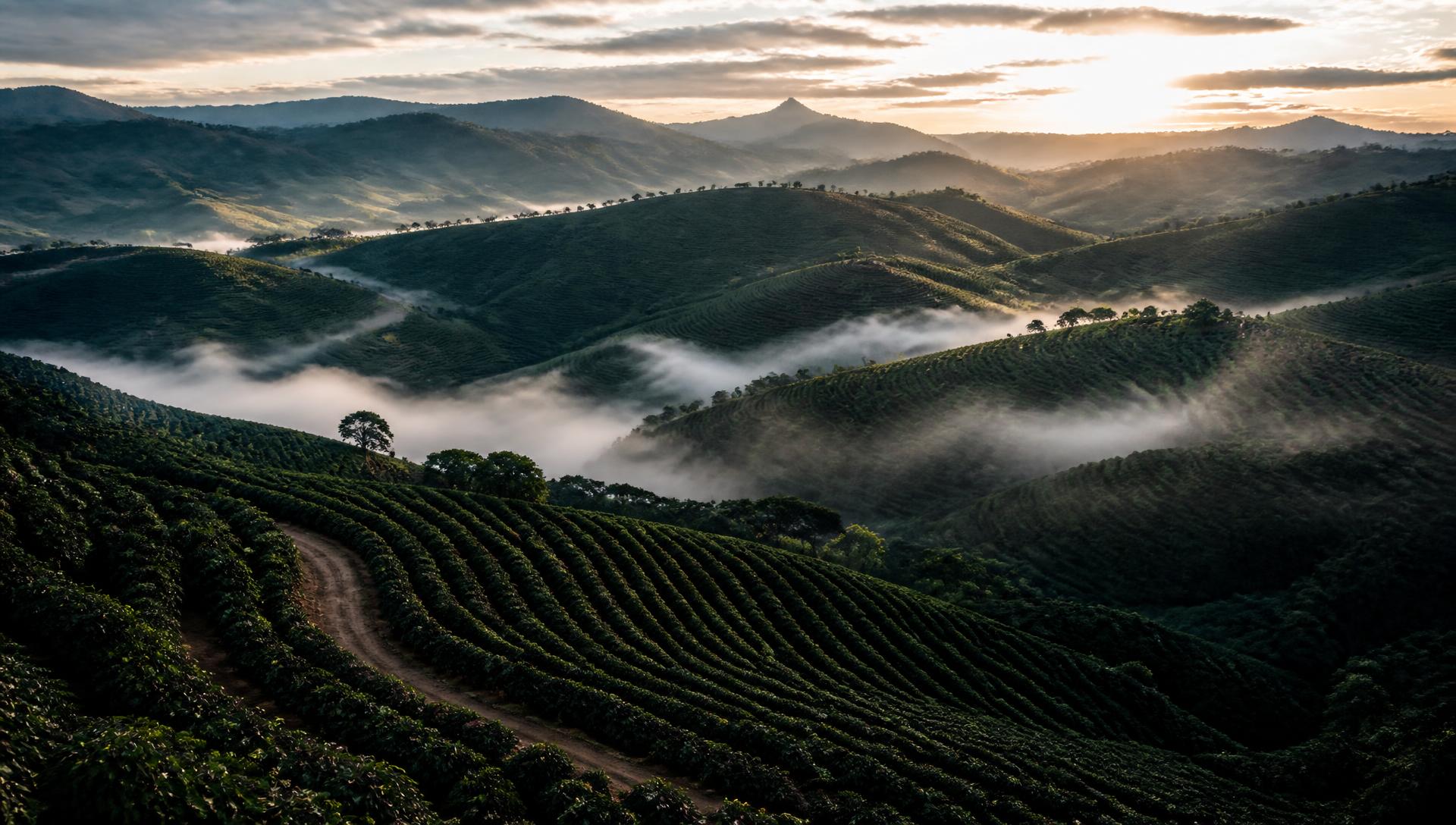 Lavouras de café nas montanhas ao amanhecer